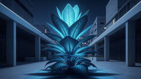 A striking digital art piece featuring a glowing blue plant in a contemporary courtyard setting. The plant's leaves emit a soft blue light, creating a serene and futuristic atmosphere.の素材