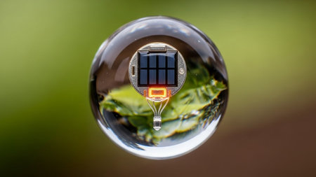 A close-up view of a small solar-powered device encased in a transparent bubble, showcasing its intricate design and functionality.の素材