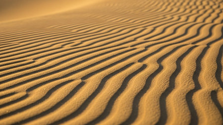 A close-up view of the intricate patterns formed by wind-blown sand in a vast desert landscape. The ripples and waves of sand create a mesmerizing and almost abstract visual effect.の素材