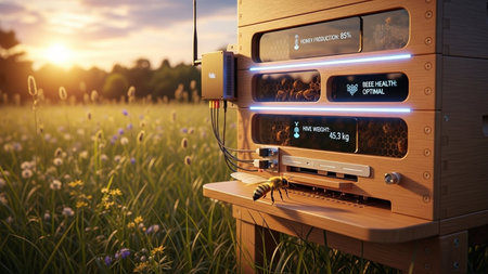 A high-tech beehive equipped with digital monitoring for honey production, bee health, and hive weight in a serene field setting.の素材