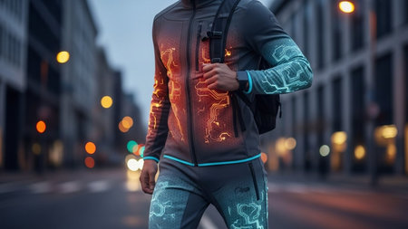A person stands on a city street at dusk, wearing a high-tech jacket and pants with glowing circuit patterns. The urban backdrop is blurred, emphasizing the futuristic clothing.の素材