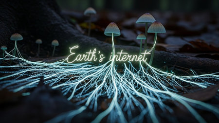 A close-up view of mushrooms and their intricate mycelium network in a forest, illustrating the concept of Earth's natural internet.の素材
