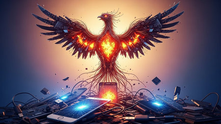A majestic phoenix made of fire and digital components rises from a pile of discarded electronics, symbolizing rebirth and innovation in technology.の素材