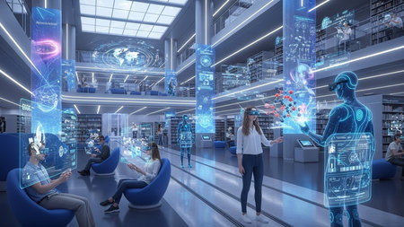 A modern library equipped with augmented reality technology, where users interact with holographic displays and virtual interfaces.の素材