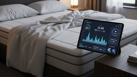 A modern bed equipped with a tablet displaying health metrics, including sleep quality, heart rate, and activity levels.の素材