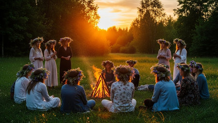 A diverse group of people, adorned with floral crowns, gather around a bonfire in a serene, grassy field during sunset.の素材
