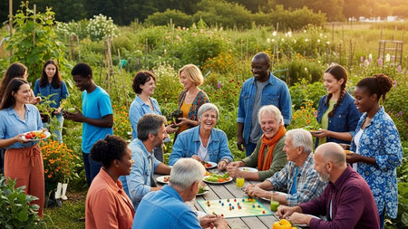 A diverse group of people are gathered around a table in a vibrant garden, sharing a meal and engaging in lively conversation. The garden is filled with various plants and flowers, creating a serene and inviting atmosphere.の素材