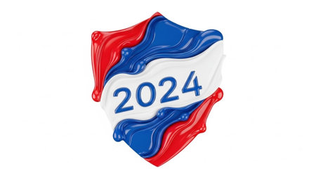 A 3D rendered ribbon badge for the 2024 election campaign, featuring red, white, and blue colors with the year 2024 prominently displayed.の素材