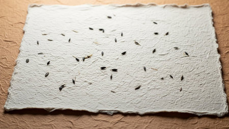 A square piece of handmade paper with various seeds embedded within it, creating a unique and natural texture.の素材