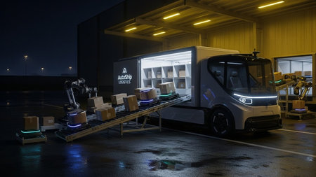 A futuristic logistics truck equipped with robotic arms efficiently loads packages onto a conveyor belt, showcasing advanced automation in warehouse operations.の素材