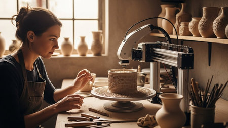 A skilled artisan uses a modern robotic arm to intricately design a piece of pottery, blending traditional craftsmanship with cutting-edge technology.の素材