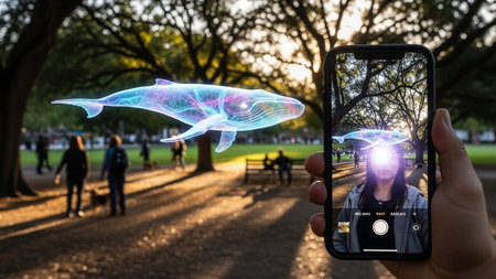 A person uses a smartphone to display an augmented reality whale in a park setting with trees and people walking around.の素材