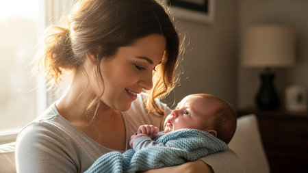 A mother is seen holding her baby close, both appearing to be in a warm and cozy room. The mother is smiling down at the baby, who is wrapped in a soft blanket.の素材