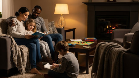 A family of four enjoys a cozy evening together, reading books and playing board games by the fireplace.の素材