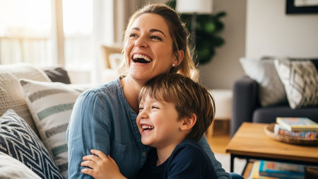 A mother and her young son are laughing together on a comfortable couch in a cozy living room. The scene captures a heartwarming moment of joy and connection between the two.の素材