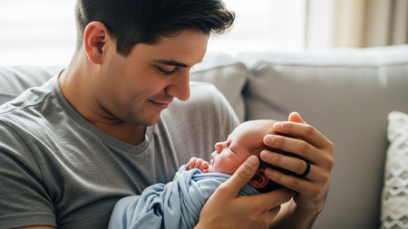 A tender moment captured as a man gently holds a newborn baby, showcasing the bond between parent and child. The man is seated on a couch, looking down at the baby with a warm smile.の素材