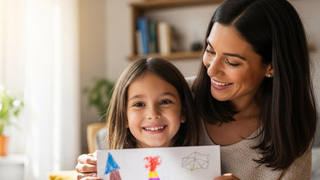 A mother and her daughter are smiling and holding a drawing together, showcasing a heartwarming moment of creativity and bonding.の素材