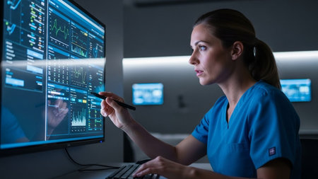 A healthcare professional in blue scrubs is intently analyzing complex data displayed on a large computer screen, using a stylus for interaction.の素材
