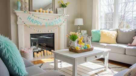 A warm and inviting living room adorned with Easter decorations, featuring a fireplace with a 'Happy Easter' banner, colorful Easter eggs, and plush pillows.の素材