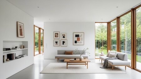 A spacious living room featuring minimalist decor, large windows, and a neutral color palette. The room includes a comfortable sofa, a coffee table, and several framed artworks on the wall.の素材