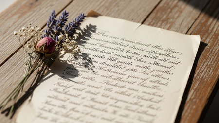 A beautifully written vintage letter adorned with dried flowers, including lavender and a rose bud, placed on a rustic wooden table.の素材