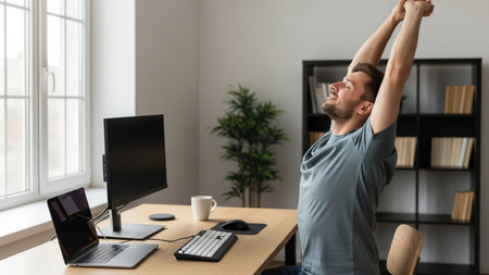 A man is taking a break from work to stretch at his home office desk, surrounded by a laptop, monitor, and office supplies.の素材