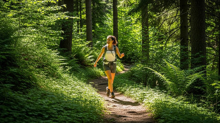 A person is seen hiking through a dense, green forest. The sunlight filters through the trees, creating a serene and inviting atmosphere. The hiker is equipped with a backpack, suggesting a day of adventure and exploration.の素材