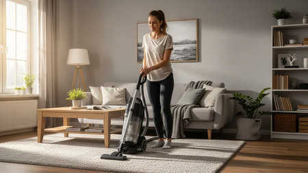 A woman is vacuuming a cozy living room with a large window, a comfortable sofa, and various decorative items.の素材