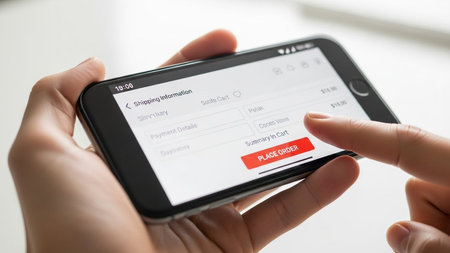 A pair of hands holding a smartphone, navigating through the checkout process of an online order. The screen displays shipping information, payment details, and a prominent 'Place Order' button.の素材