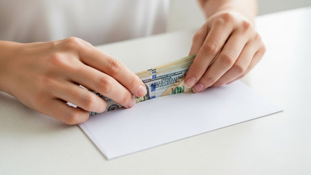 A close-up view of hands carefully placing a stack of US dollar bills into a white envelope on a table.の素材