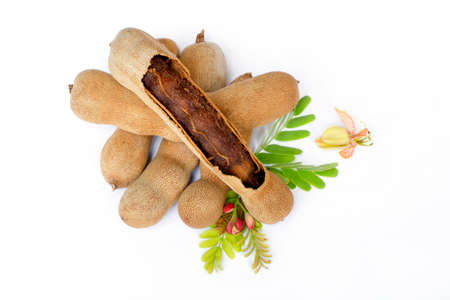 top view tamarind group with tamarind leaf on white backgroundの写真素材