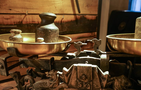 Vintage balance on wood backgroundの写真素材