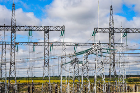 high voltage post.High-voltage tower sky background.