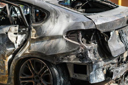 Burned car in the center of city after unrest in Kyiv, Ukraine