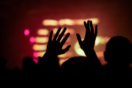 silhouettes of concert crowd in front of bright stage lights