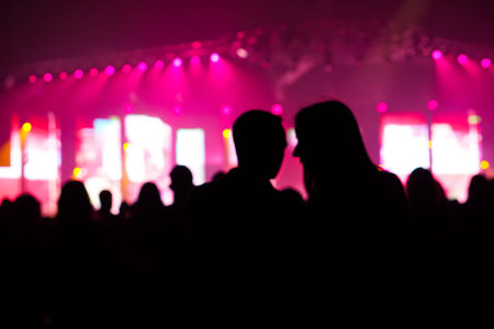silhouettes of people at a concert in front of the scene in bright lightの写真素材