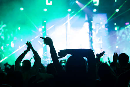 crowd cheering and hands raised at a live music concertの写真素材