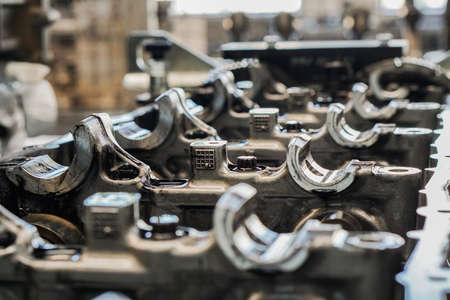 Close up of parts in engine head 4 valve systemの写真素材