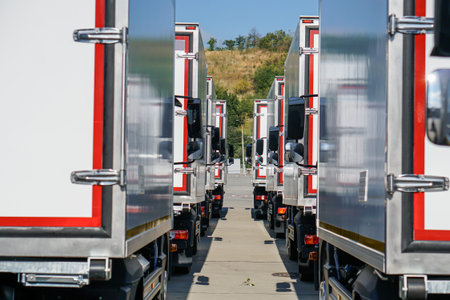 White trucks stand in line front view