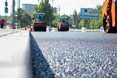 steamroller compact flatten out the asphalt tar