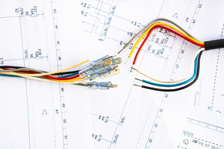 Different electrical tools on paper circuit drawing background