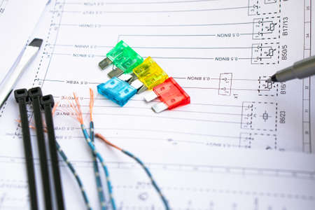 paper wiring diagram worker notices damage handleの写真素材