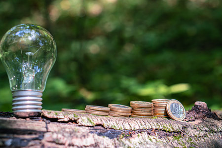 coins stacked on the bark of a tree in ascending order. And light bulbs as a symbol of economy.
