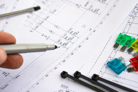 paper wiring diagram worker notices damage handleの写真素材