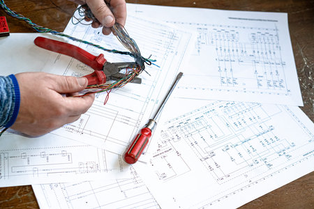 Various electrical tools and wires on a paper diagram, composition about home electricsの写真素材