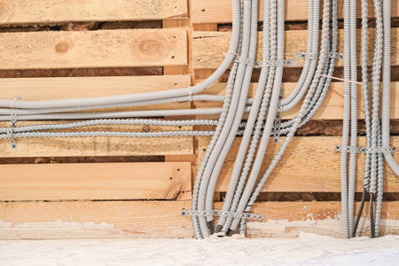 Aluminum tubing for wire protection lined up on old concrete wall.の写真素材