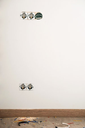 Power outlet on green wall with hardwood flooringの写真素材