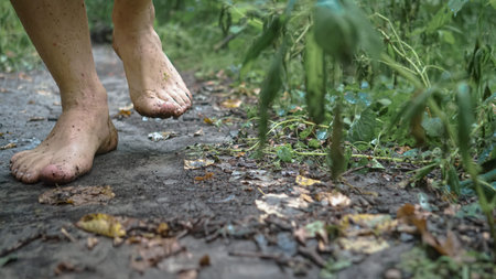 man walks in nature with bare feet, forest path and grass