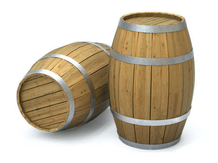Very high resolution 3d rendering of two wooden barrels isolated over white.の写真素材