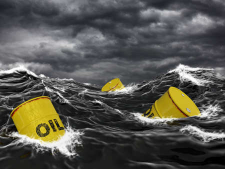 Very high resolution 3D rendering of oil barrels foating in the sea.の写真素材